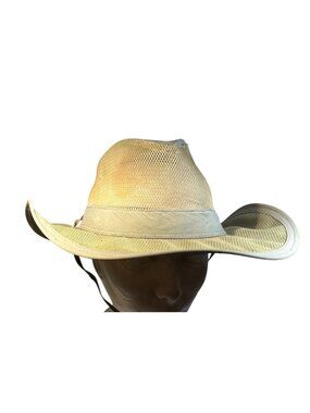 Dorfman Pacific Mesh Sun Hat Wide Brim Large Nylon Beige Adjust Chin Strap DPC